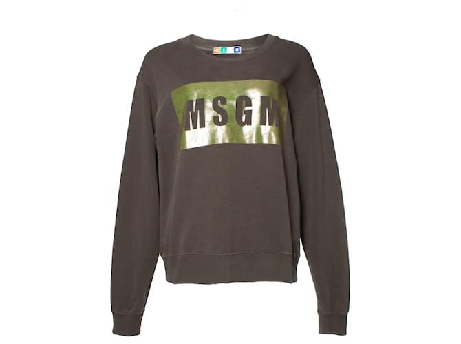 MSGM, maglione verde con logo box e stampa metallizzata