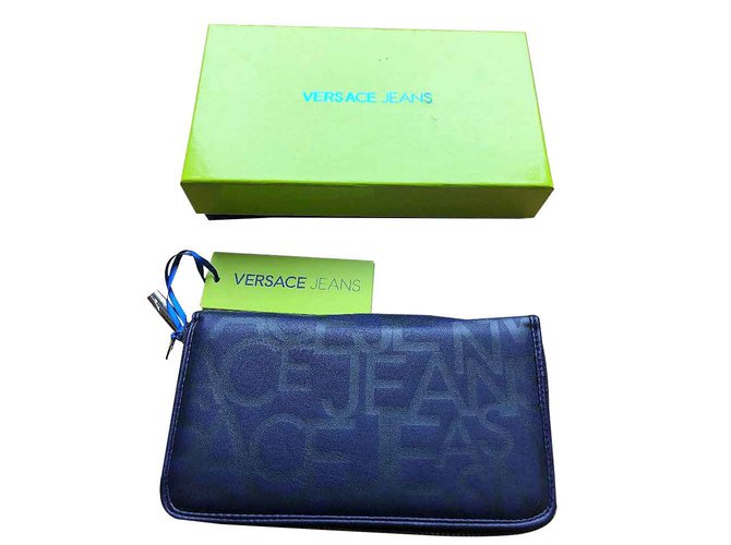 VERSACE JEANS BIG LOGATO PORTAFOGLIO NUOVO VEGAN Blu