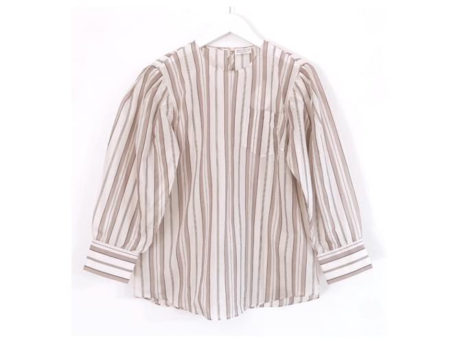 Blusa Brunello Cucinelli a righe con maniche a sbuffo Beige