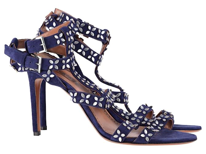 Alaïa Sandali Alaia con cinturino alla caviglia e borchie floreali in pelle scamosciata blu navy
