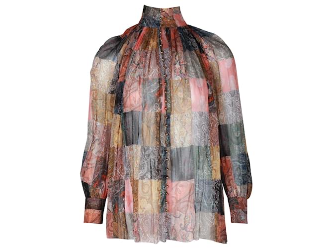 Zimmermann Blusa Stampata Novantasei Con Bordi A Reticolo In Lino Multicolor E Garza Di Misto Seta