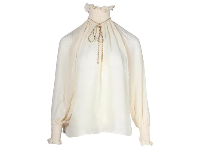 Céline Top con dettaglio collana in corda e collo increspato Celine in seta color crema Bianco Crudo