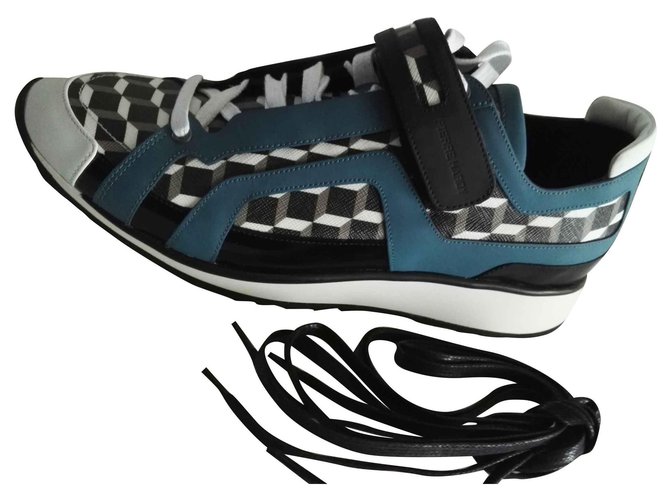 Pierre Hardy Nuove sneakers blu verde Taglia 42 Pelle con motivo a cubo antigraffio in velcro