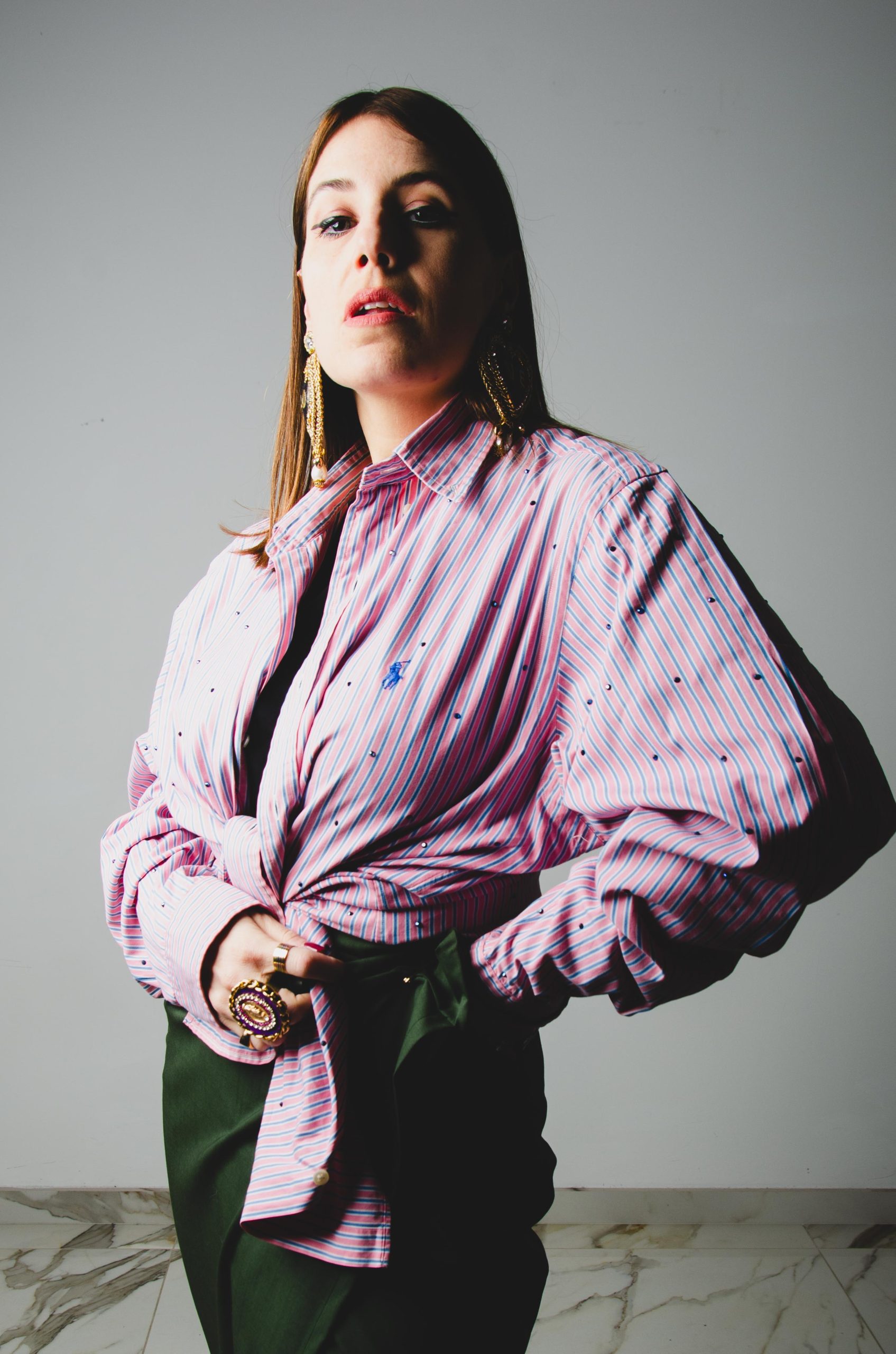 111 Camicia a righe rosa e blu RALPH LAUREN tg M/L con strass blu circa 200