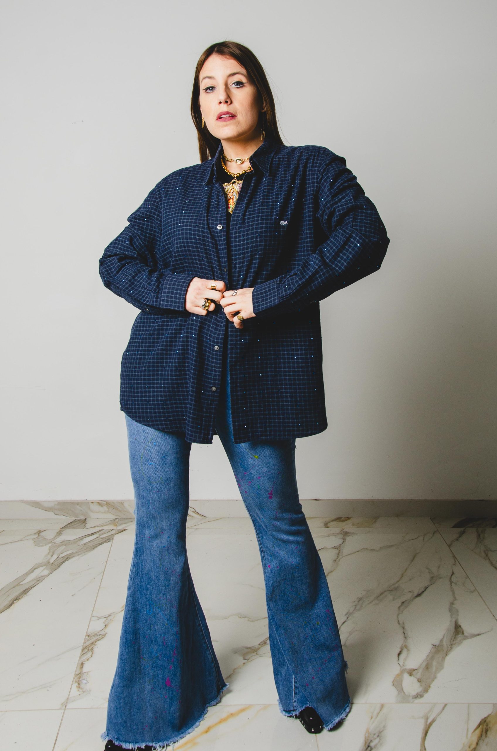 117 Camicia a quadretti blu LACOSTE TG M con strass blu circa 600