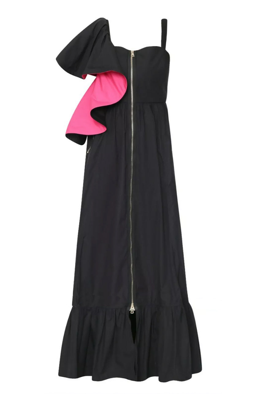 Vestito lungo nero "SELENA" Marina Rinaldi by Fausto Puglisi con manica ampia fuxia