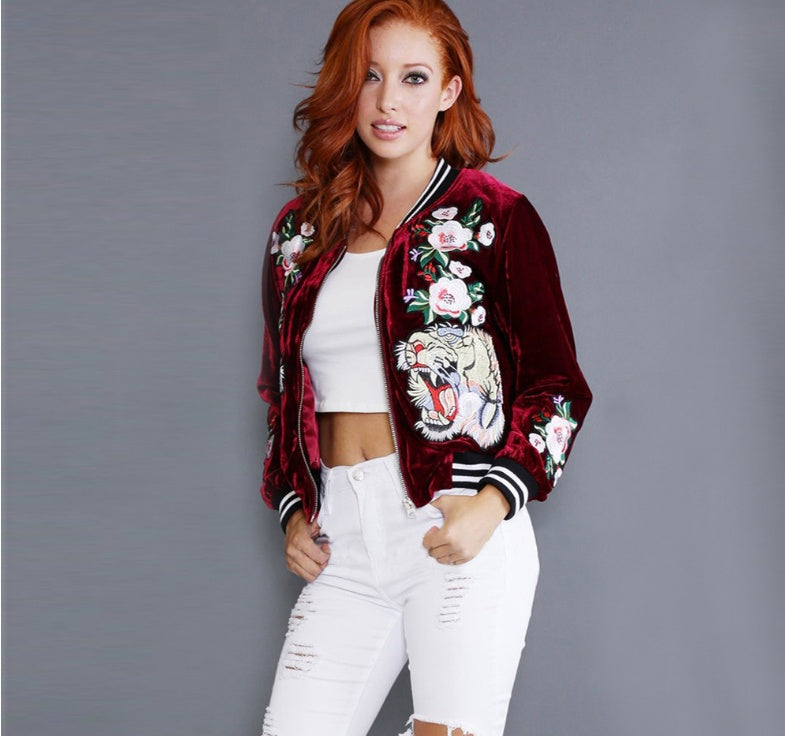 Giacca bomber tigre e fiori in stile vintage da donna
