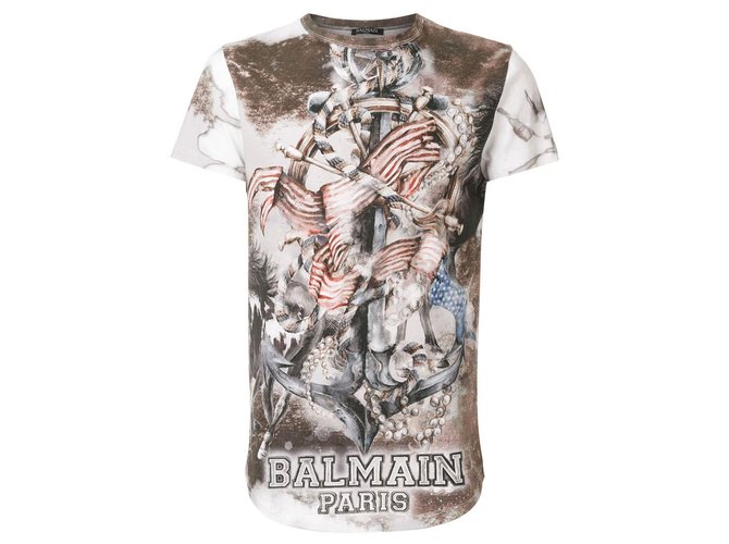 T-shirt con ancora e bandiera del marchio designer Balmain. Multicolore