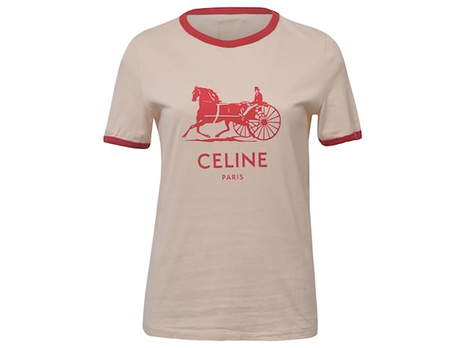Céline T-shirt a maniche corte con logo Celine in cotone crema e rosso Bianco Crudo