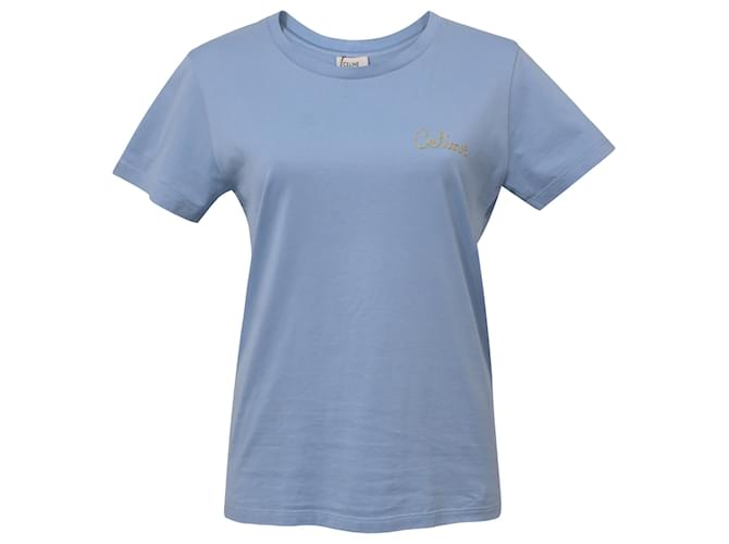 Céline T-shirt a maniche corte con logo Celine in cotone blu Blu chiaro