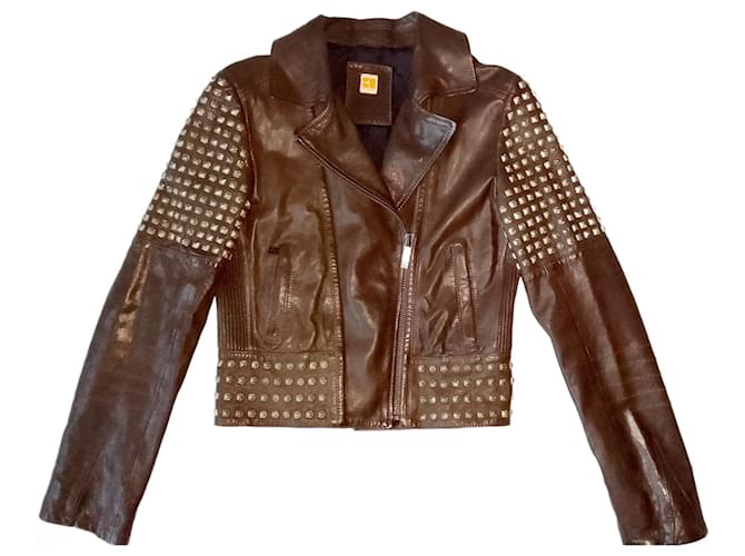 Hugo Boss Giacca in pelle di agnello marrone a doppio petto per motociclista rocker