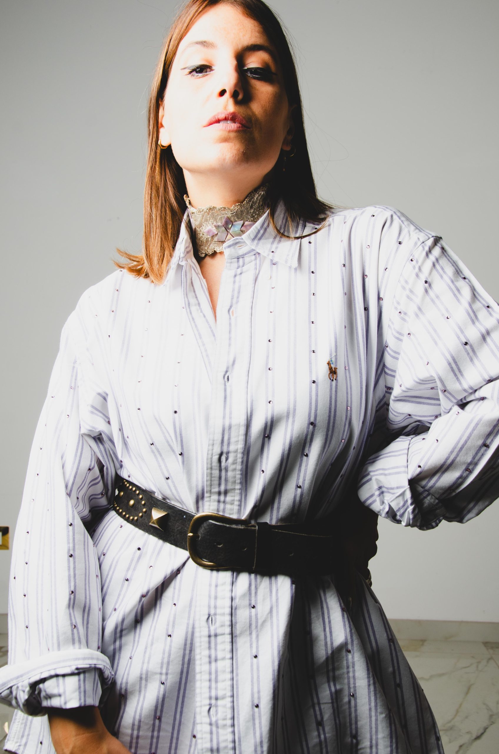 145 - Camicia Vintage bianca a righe Ralph Lauren tg XXL 600 strass rosa