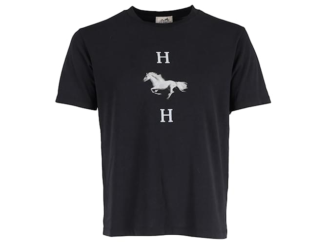 T-shirt in cotone nero con stampa logo cavallo Hermès