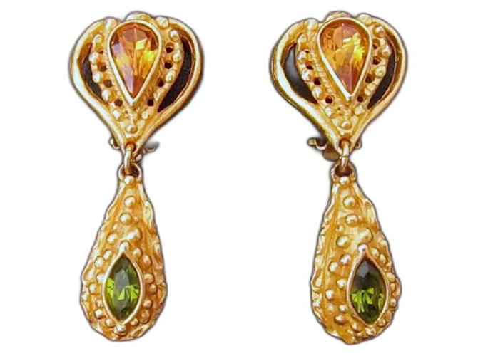 Orecchini vintage Christian Lacroix 1980 placcati in oro con cristalli verde-arancio a clip D'oro