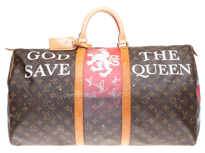 Abbesses Louis Vuitton Keepall 55 Monogramma "God save the Queen" personalizzato da PatBo! Marrone