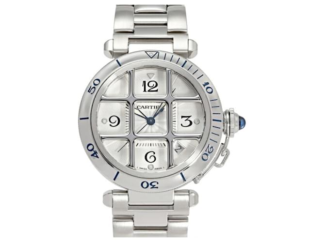 Orologio da uomo Cartier Pasha 38 Grid W31040H3 con quadrante argentato