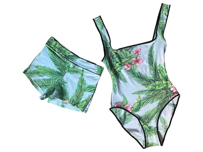 Costume intero e pantaloni da bagno anni '90 Eres 36/38 motivi tropicali Rosa Rosso Verde chiaro Turchese Verde scuro