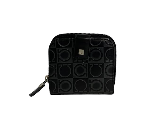 Portafoglio bifold in pelle Gancini con zip rotonda Salvatore Ferragamo Marrone Nero