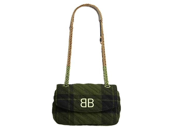 Borsa Balenciaga BB Chain Sac S Rossa Nera Tartan di Lana Dorata BB Nero Rosso D'oro