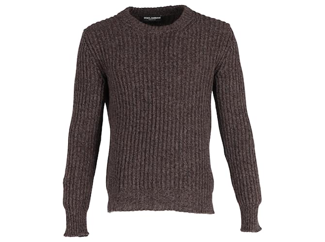 Maglione in lana marrone a collo rotondo in maglia a coste di Dolce & Gabbana