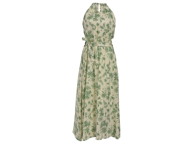 Abito Midi con Stampa Palmi Sandro Paris in Lino Crema Bianco Crudo