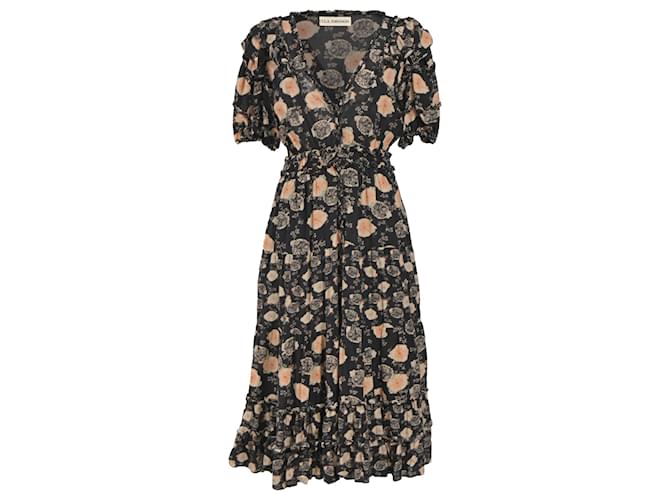Abito midi con scollo a V in stampa floreale e dettagli a volant in cotone nero Ulla Johnson