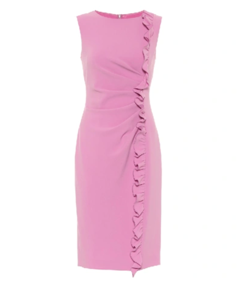 Abito a tubino rosa senza maniche con volant