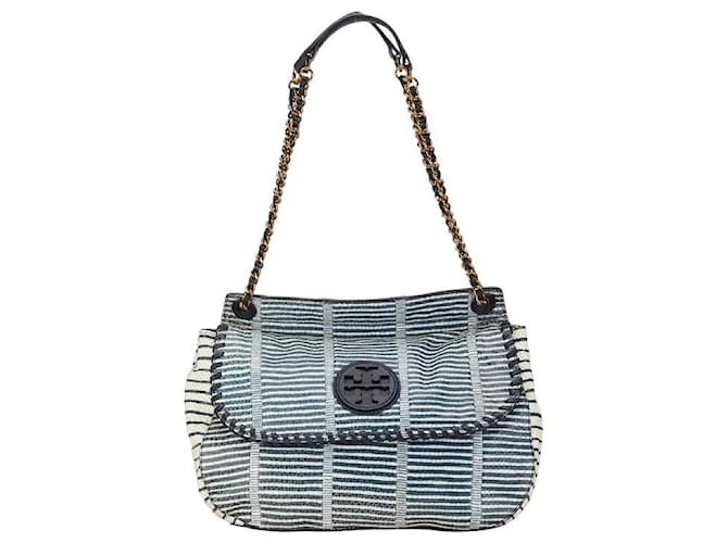 Borsa a spalla in pelle con stampa pitone e logo Tory Burch Blu