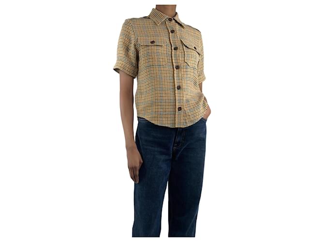 Loro Piana Camicia in lino a quadri marrone a maniche corte - taglia UK 4