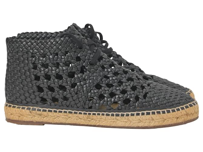 Edge Céline Stivali in pelle nera con lacci in espadrille intrecciata nera Nero