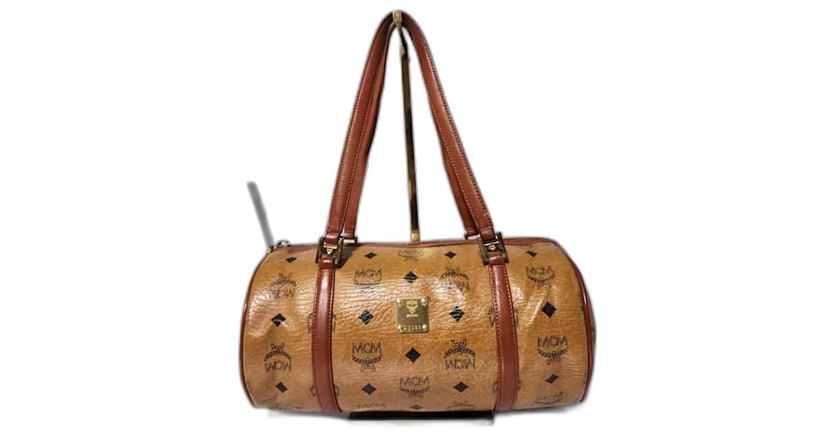 Borsa a barile in tela rivestita e pelle Visetos vintage MCM Cognac Marrone