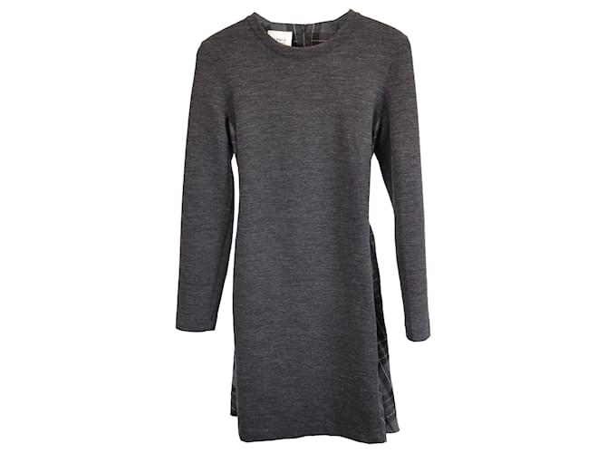 Abito midi a maniche lunghe a quadri con stampa sul retro in lana grigia Akris Punto Grigio