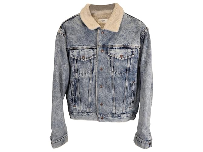 Céline Giacca in denim sbiadito oversize foderata in shearling di Celine in cotone azzurro chiaro Blu Blu chiaro