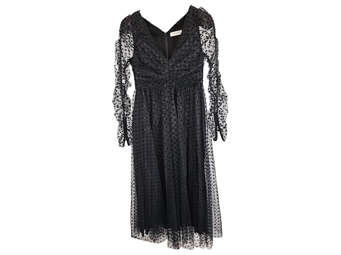 Abito midi in tulle a pois Zimmermann con scollo a V e maniche lunghe in poliestere nero