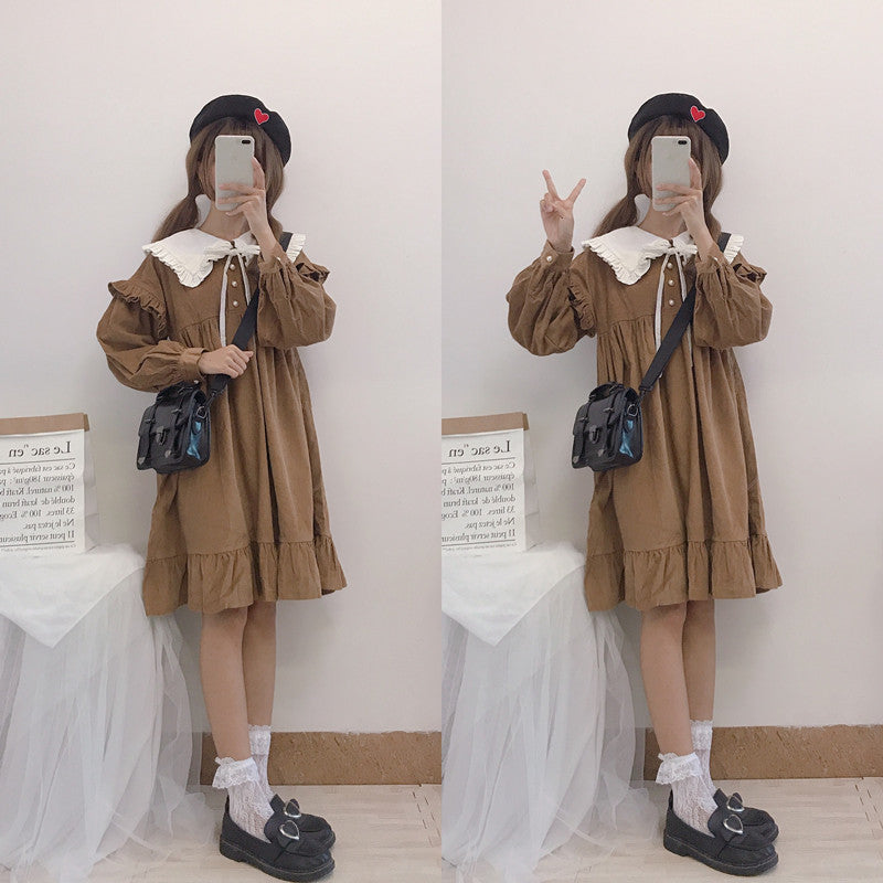 Abito in velluto a coste con collare in pizzo e maniche a sbuffo sweet Lolita kawaii style