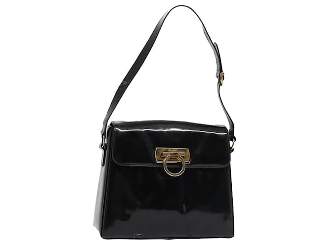 Borsa a Spalla Gancini Salvatore Ferragamo Smalto Nero Oro Auth 87741 D'oro