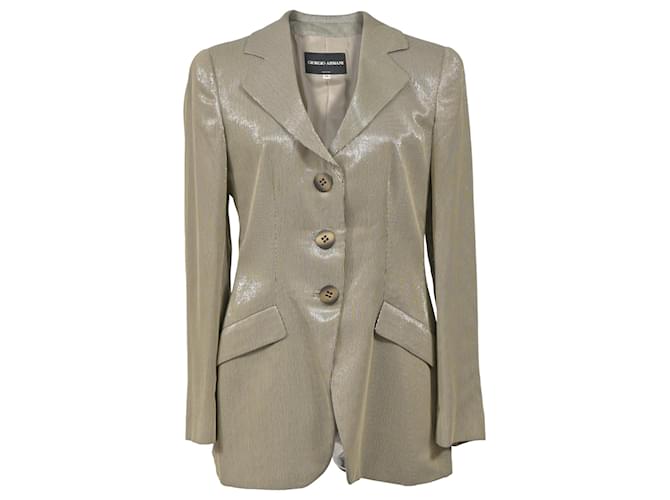 Blazer monopetto a righe in poliestere beige di Giorgio Armani