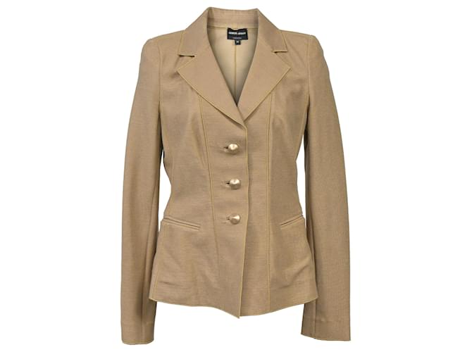 Blazer in lana marrone a un bottone con dettagli in piping di Giorgio Armani