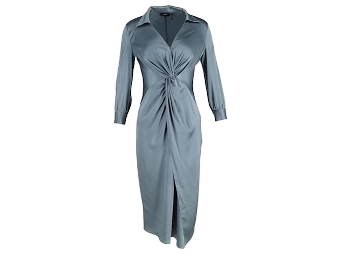 Abito lungo a maniche lunghe in satin blu con colletto dettagliato attorcigliato di Theory Midi