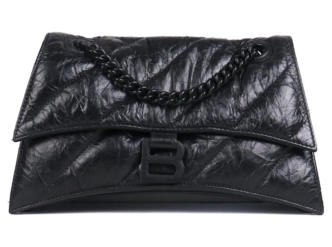 BALENCIAGA - Borsa a spalla piccola Balenciaga Crush in pelle nera trapuntata e stropicciata Nero