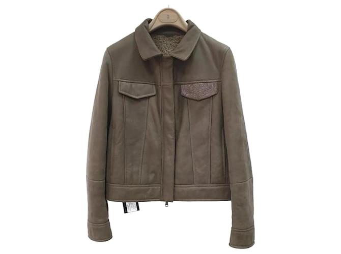 Giacca in pelle shearling marrone grigio Brunello Cucinelli taglia 38