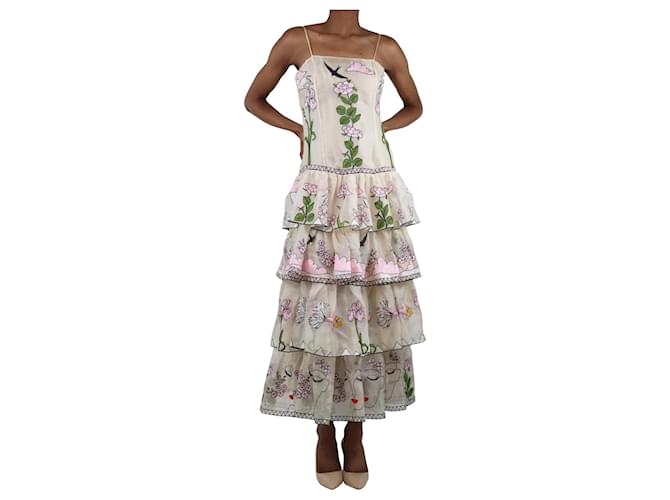 Autre Marque Abito midi in satin ricamato a fiori crema - taglia UK 6 Crudo