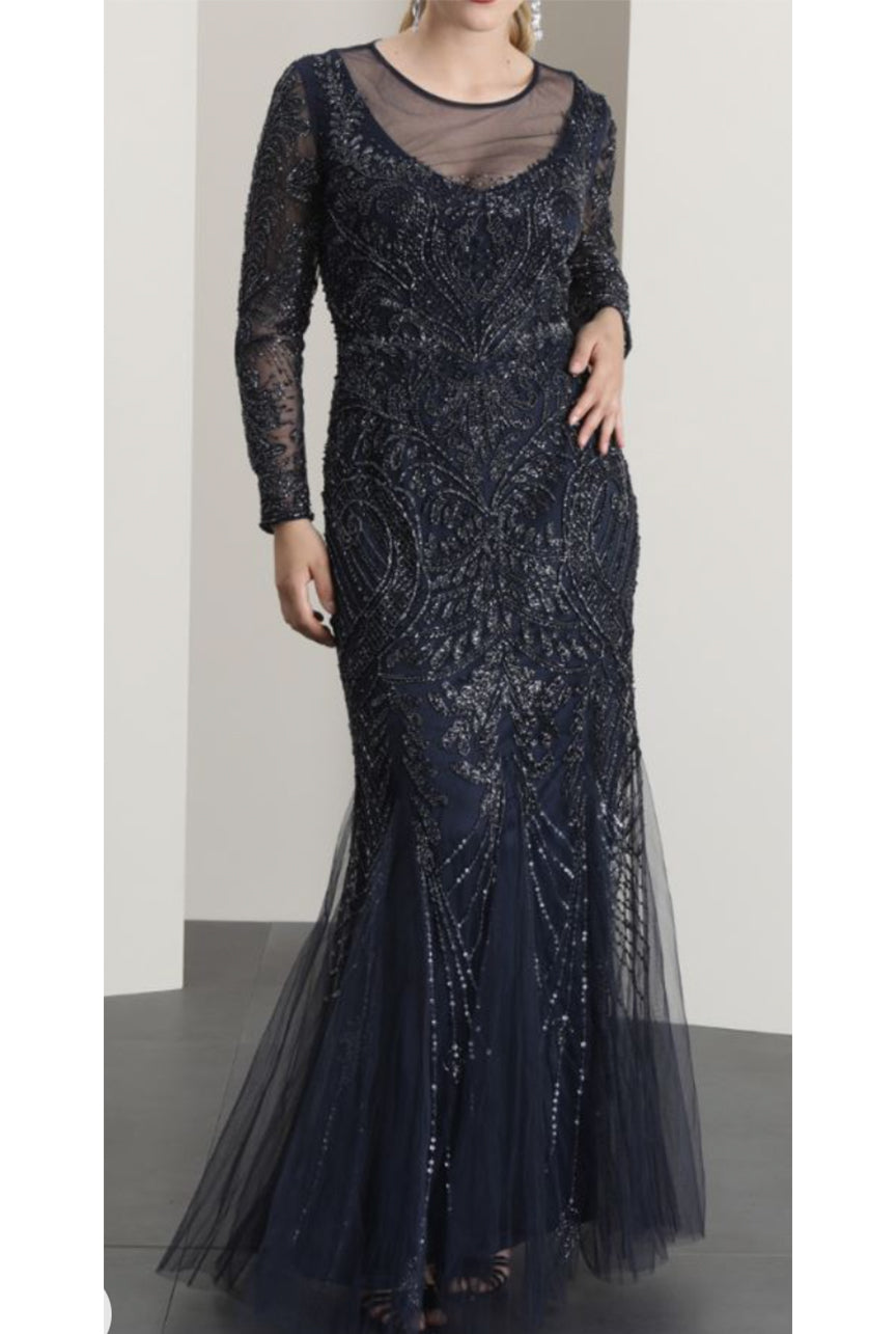 Abito lungo in tulle con perline e strass blu - DELICATO