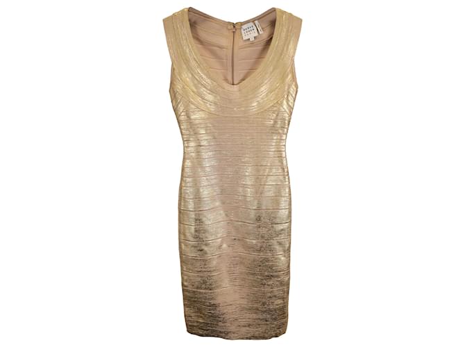Abito bandage con scollo a barca mini foil accent di Herve Leger in rayon dorato metallico D'oro