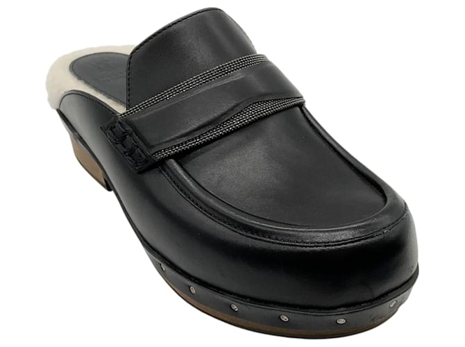 Zoccoli in pelle nera Brunello Cucinelli con shearling e Monili Nero