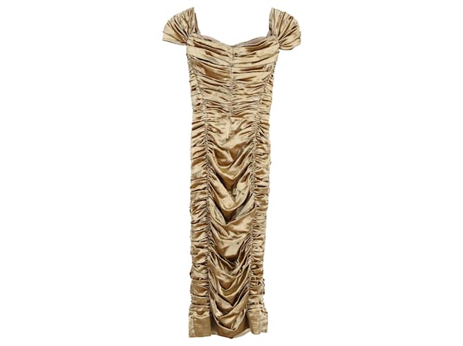 Abito midi arricciato in seta dorata metallica di Dolce & Gabbana D'oro Metallico