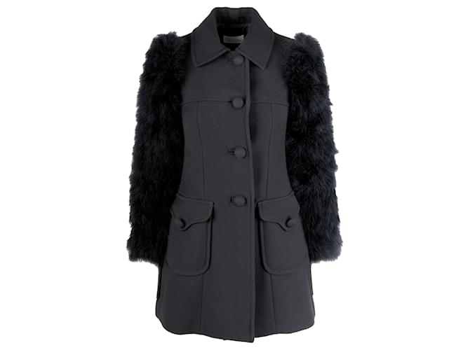 Valentino Garavani Cappotto in lana Red Valentino con maniche in piume di animali - anni '10 Nero
