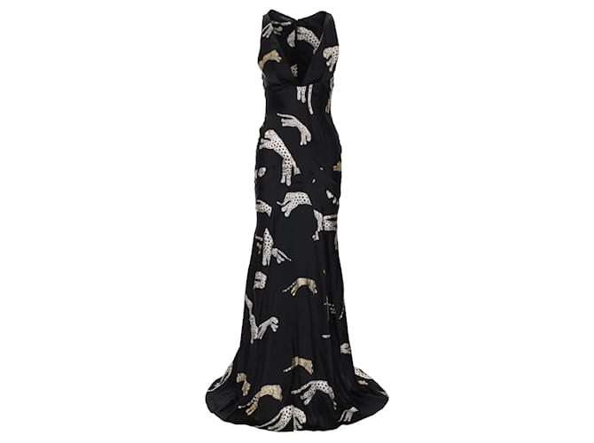Abito maxi in seta con stampa animale Roberto Cavalli - anni 2000 Nero