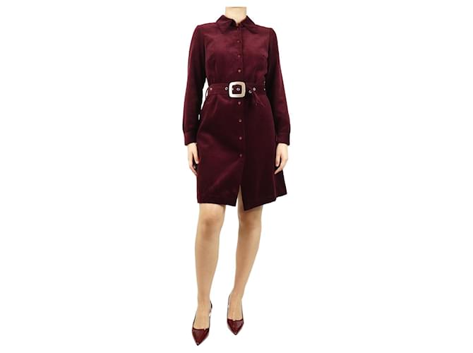Autre Marque Abito camicia in corduroy bordeaux con cintura - taglia UK 10 Bordò