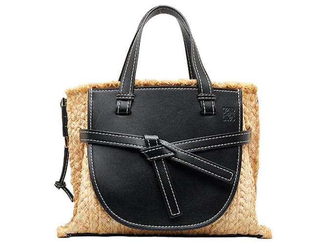 Borsa 2 in 1 in pelle e rafia Loewe Gate Anagram Nero